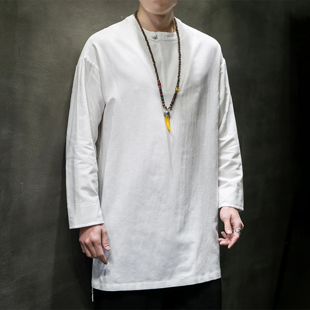 

Spring Autumn Chinese Tradition Style Mens Solid Tops Cotton Linen Long-Sleeved Mid-Length Plate Buckle Chinese Tang Suit Jacket