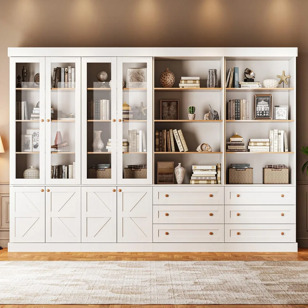 

Elegant 71-Inch Tall Farmhouse Style Bookcase with Glass Doors and Drawers, Versatile Wooden Storage Cabinet for Living Room or