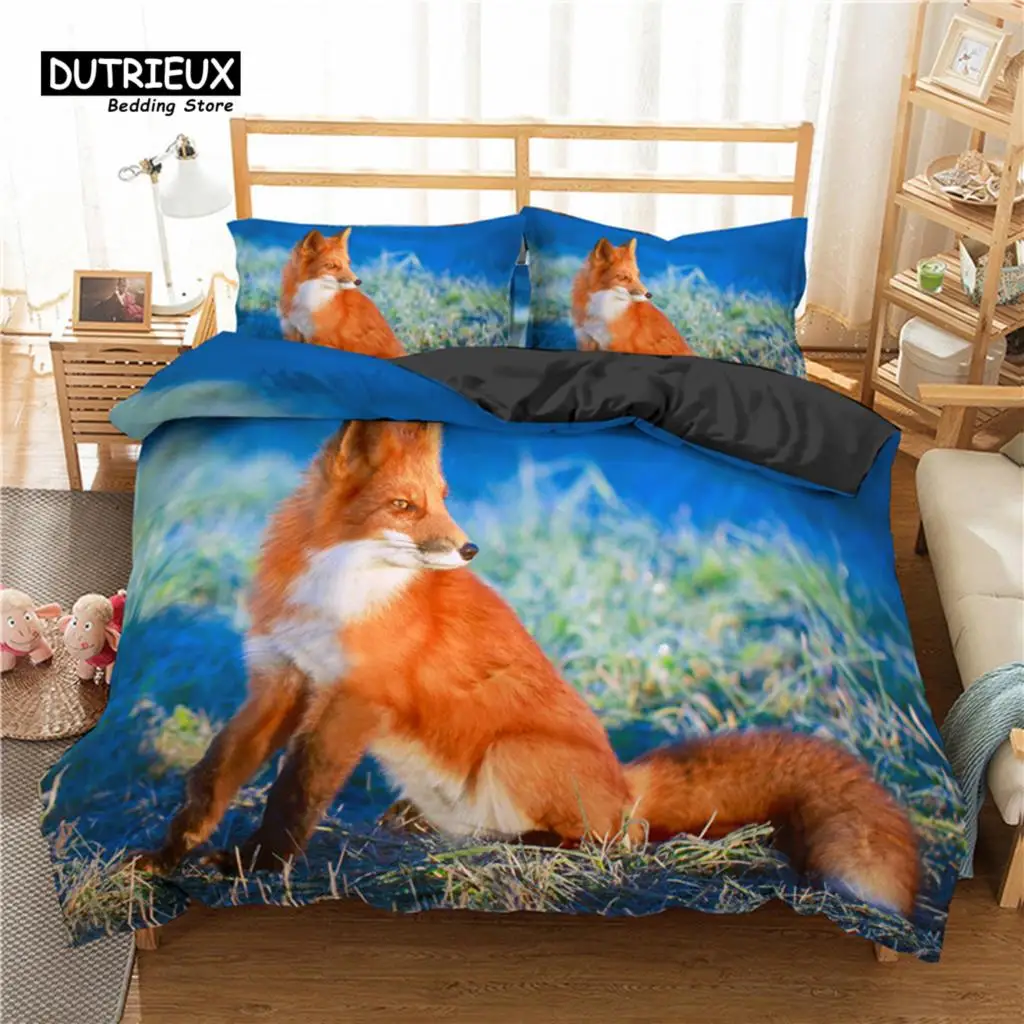 Kids Fox Duvet Cover Twin Size Microfiber Wild Animal Bedding Set Orange Fox Comforter Cover For Child Girls Teen Bedroom Decor