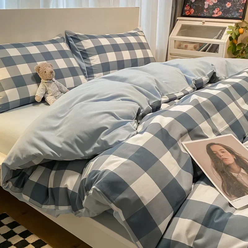 

Plaid Duvet Ins Style Cover Queen Grid Duvet Cover Set Blue Dark Grey Bedding Set 4 Pieces Checkered Pattern Cotton Grid Plaid