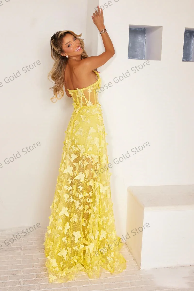 Amarelo Prom Vestidos para Mulheres Princesa Lace Vestido de Noite Sem Mangas Querida Customized Tulle Party vestidos de fiesta