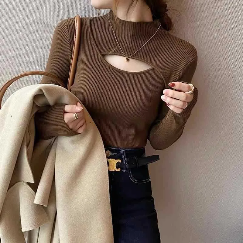 

Summer Spring Women's Clothing Slim Fit Half Turtleneck Knit Top Elegant Office Pullover For Woman Acrylic Blend Long Sleeve