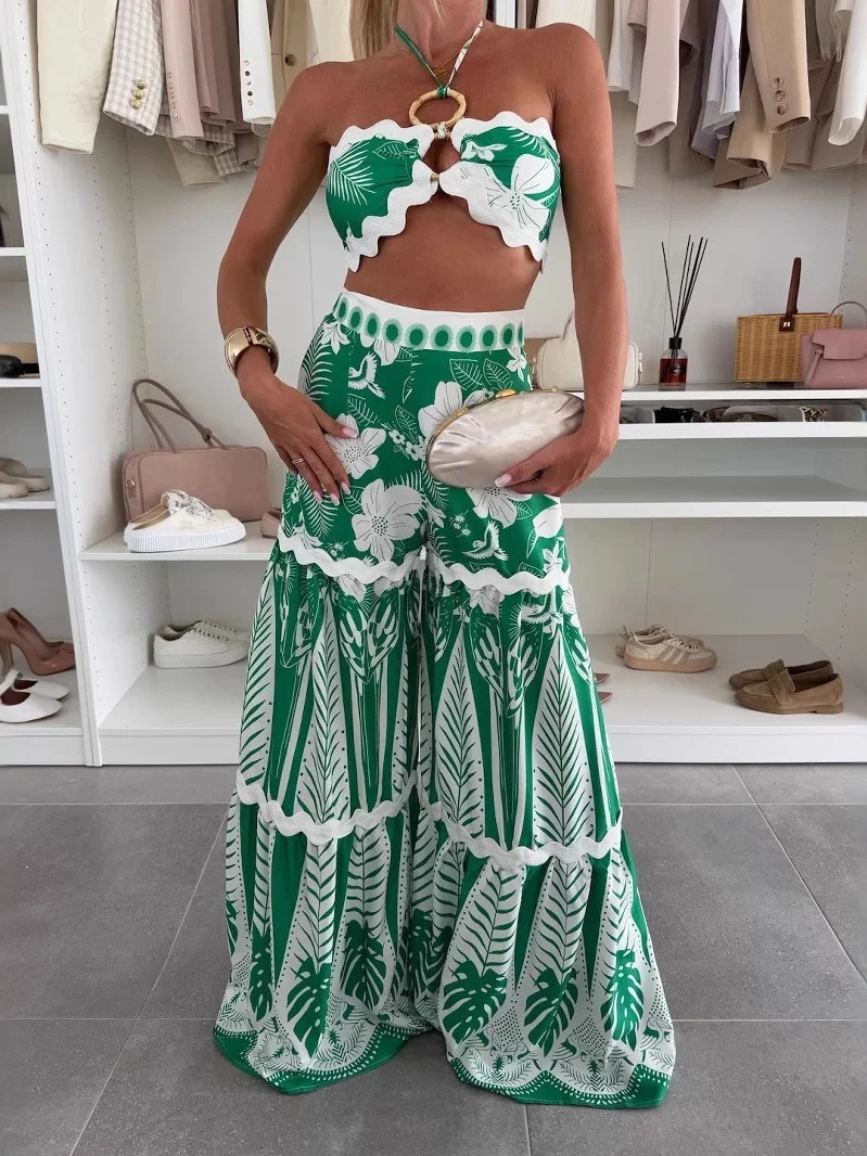 

Sexy Floral Lace Sleeveless Bandeau Tank Beach Pants Green Set Women's Fashion Two-Piece Suit Long Pants No Sleeve Trendy Style