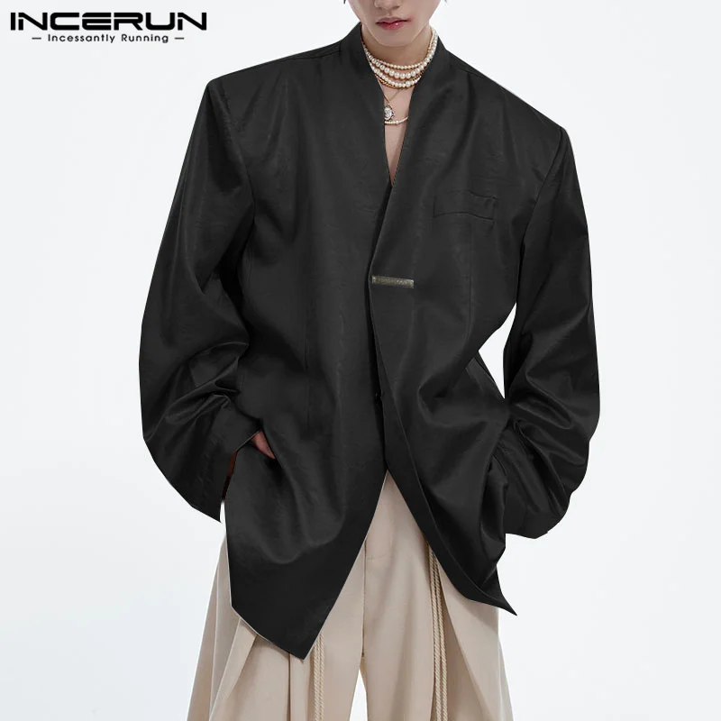 INCERUN Men Blazer Solid Color V Neck Long Sleeve Button Casual Male Suits Streetwear 2024 Loose Fashion Thin Coats Men S-5XL