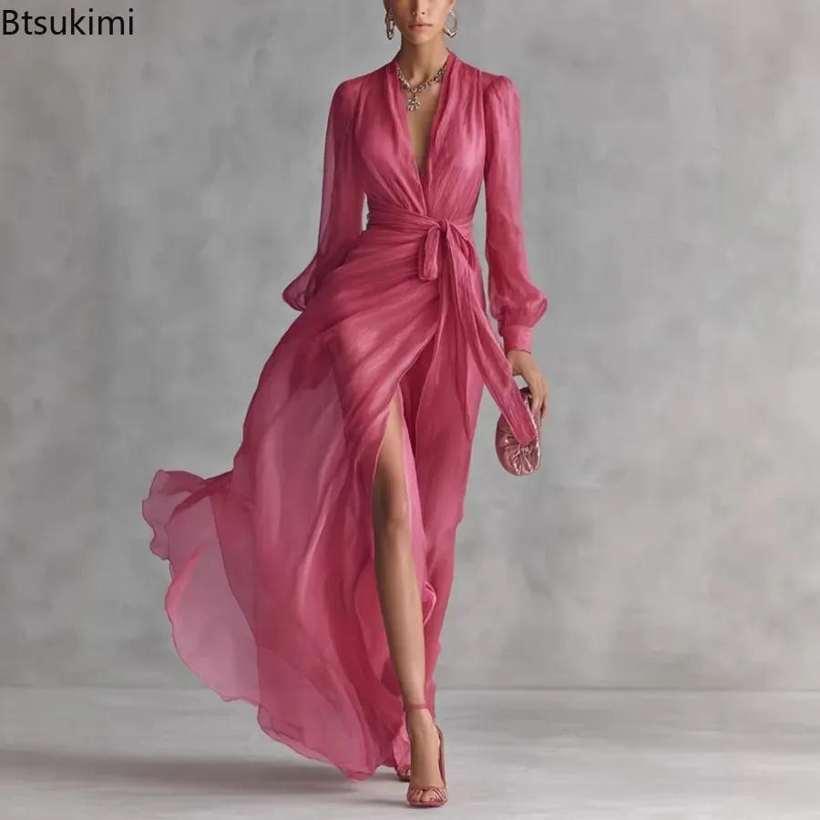 New Fashion Solid Color V-neck Party Long Dresses for Women Summer Elegant Long Sleeve Lace Up Maxi Dress Ladies Casual Vestidos view 4