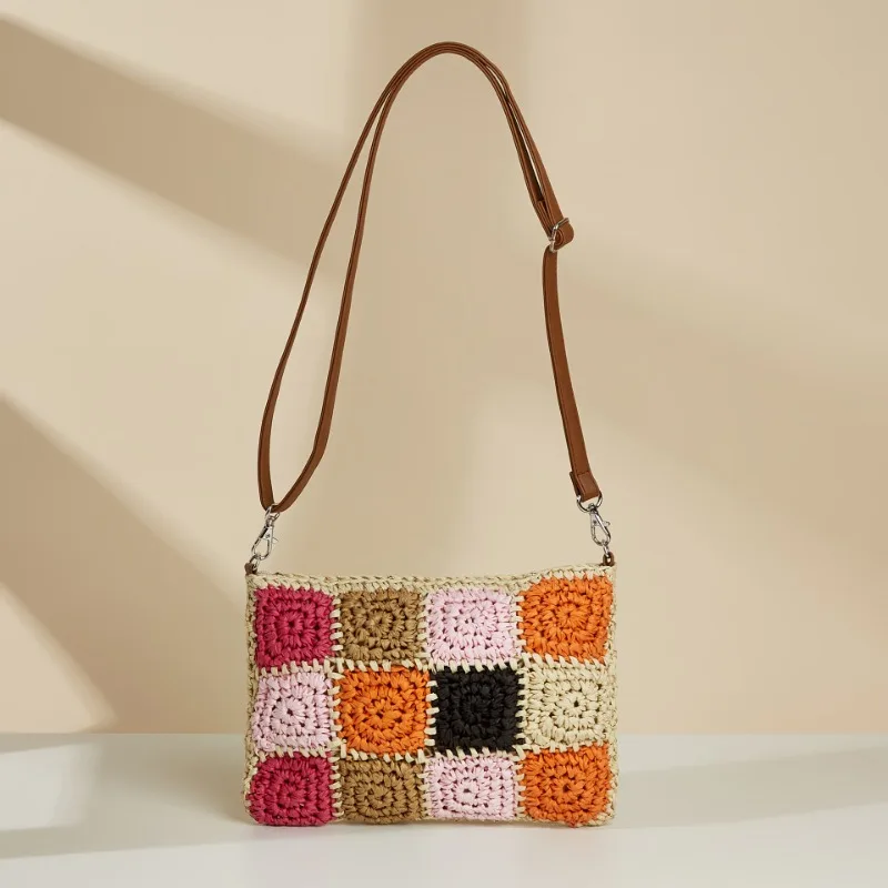 Torba szydełkowa w kontrastowym kolorze damska nowa kolorowy Patchwork słomkowa ręcznie przędza papierowa torba Crossbody w kratę torba plażowa na