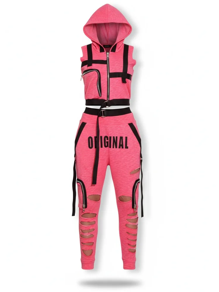 

Женский функциональный розовый комплект Gymdolphin из двух предметов: худи без рукавов и рваные брюки-шаровары, повседневный уличный стиль, коллекция 2026