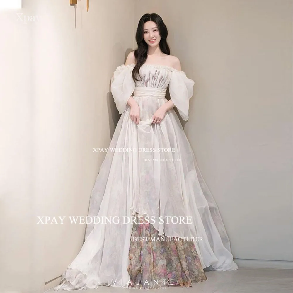 

XPAY Floral Print Lace Korea Wedding Dresses Off Shoulder Bridal Gown Photo Shoot Customized Short Puff Sleeve Bride Dresses