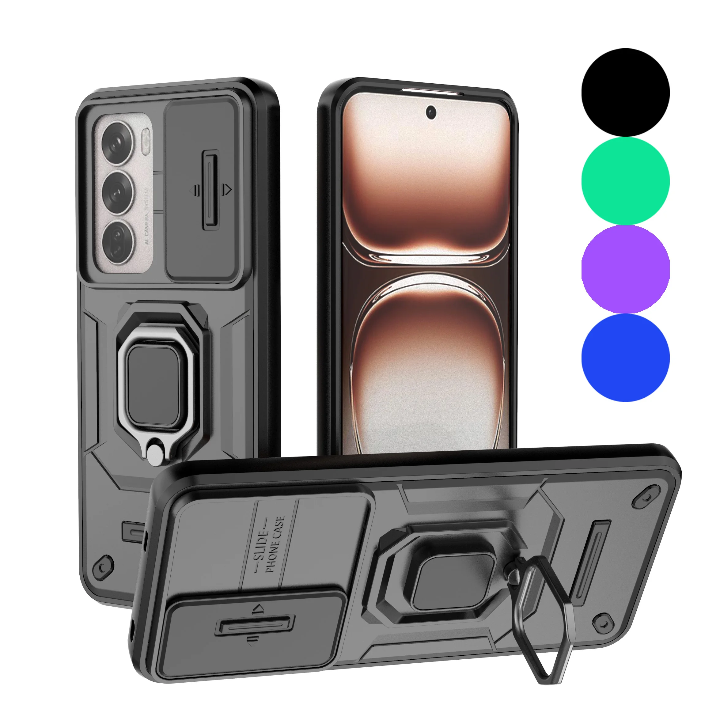 

For Oppo Reno 12 5G/Reno 12 Pro 5G Shockproof Phone Case Ring Armor Magnetic Hybrid Rugged Holder Stand+Camera Lens Cover