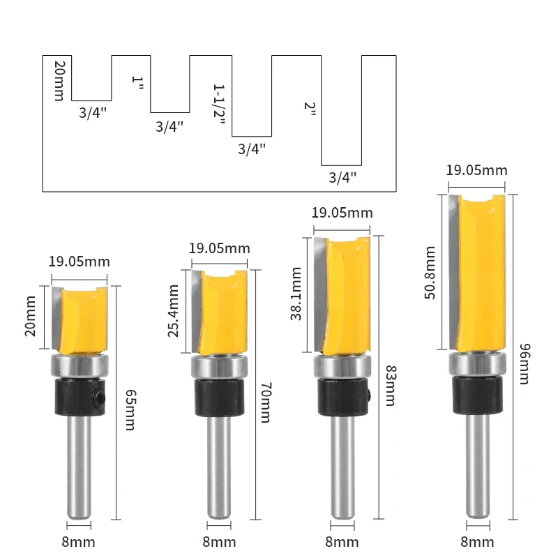 YUSUN 4PCS 8MM Shank Template Trim Pattern  Router Bit  Woodworking  Milling Cutter  For Flush Trimmer Cleaning