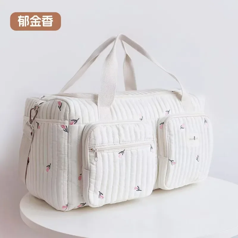 Bolsa de pañales para bebé, bolso de mamá con patrón de bordado de flores de oso bonito, bolso de pañales con cremallera de tela de algodón Beige para bebé, nuevo bolso de equipaje