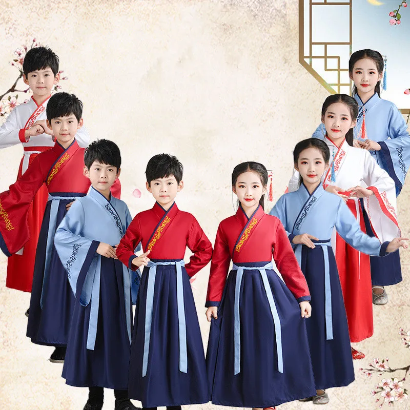 

Stage Baby Hanfu Dress Set Kids Cosplay Children Ancient Costume Outfit Girl Boy Tops Skirt Suit Chinese Traditional Clothes