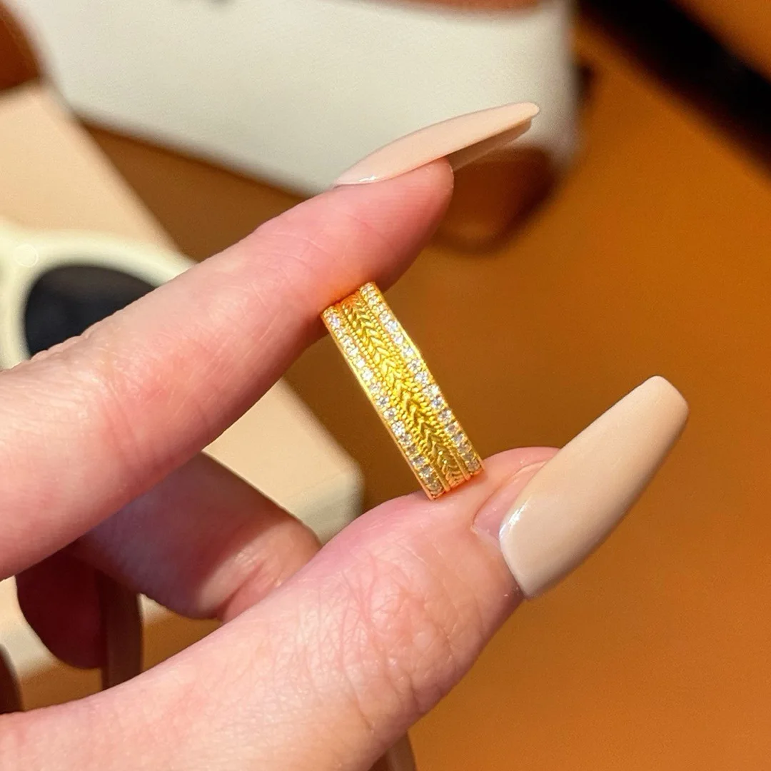 9999 gold ring set with zirconia wheat ears, versatile and auspicious, female open-ended ring, medieval style