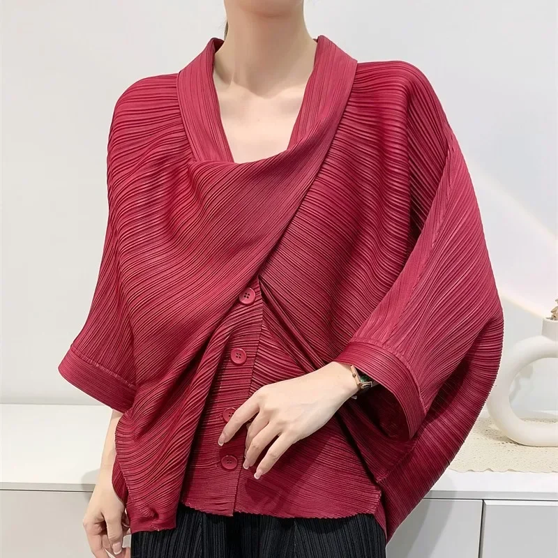 Miyake Pleated Irregular Lantern Sleeve Shirt 2023 Autumn Women Designer Korean Fashion Loose Scarf Collar Pullover T-shirt Tops