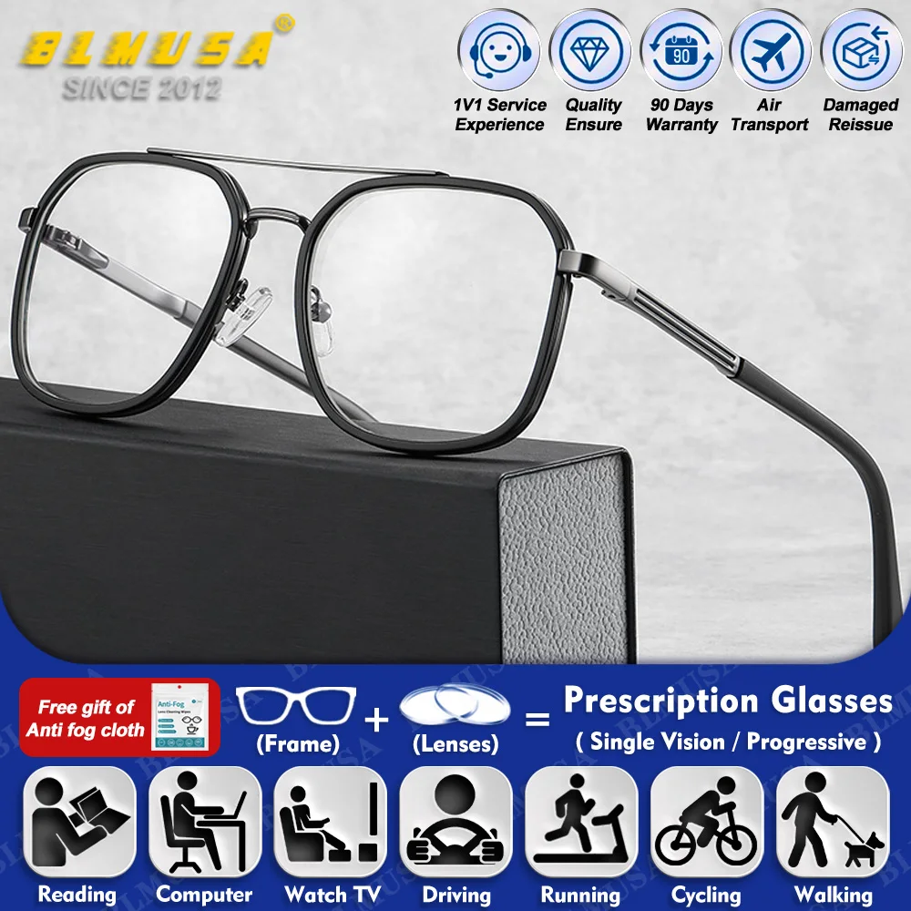 BLMUSA (XL) العصرية الرجال الطيار مربع قصر النظر النظارات الطبية الضوء الأزرق حجب الكمبيوتر متعدد البؤر النظارات المهنية