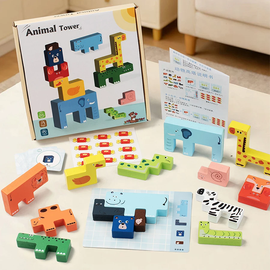 

Wooden Animal Tower Stacking Blocks Game with Activity Cards Montessori Educational Balance Building Puzzle Toy for Kids Toddler