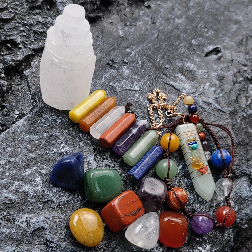 Crystal, Agate, Jade, Seven-color Stone Combination Set, Arrow-wound Hexagonal Column, Gypsum Tower, Yoga Stone