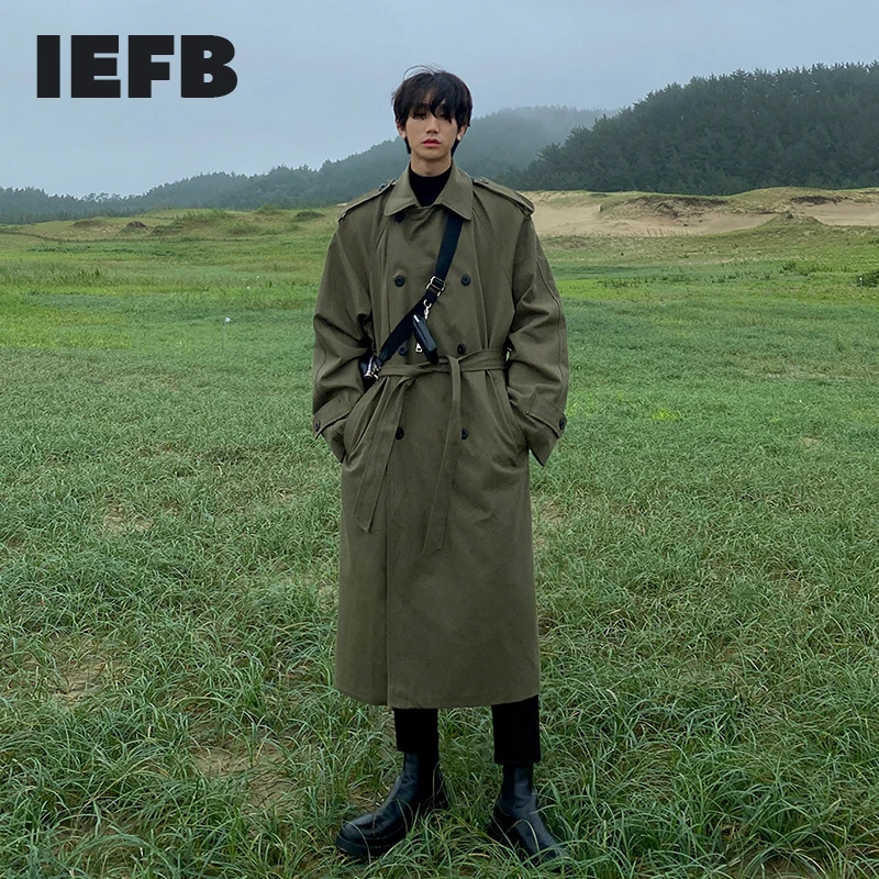 IEFB 2023 Autumn New Men\'s Windbreaker Medium Length Over Knee Loose Korean Handsome Trend Trench Coat With Belt Casual 9Y5488