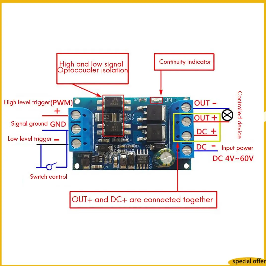 

A61I DC 4 В-60 В Мощный Mos Fet Триггерный привод Модуль переключателя Плата ШИМ Регулируемый контроллер Dual-Mos Модуль