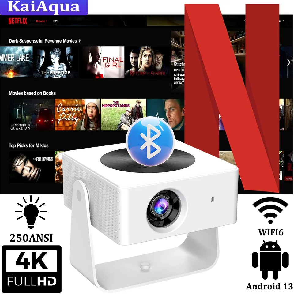 

KaiAqua T1pro Android 13 4K Projector 250ANSI Lumens Dual-band Wifi6 BT5.0 Auto Keystone Home Cinema Theater Portable Projector