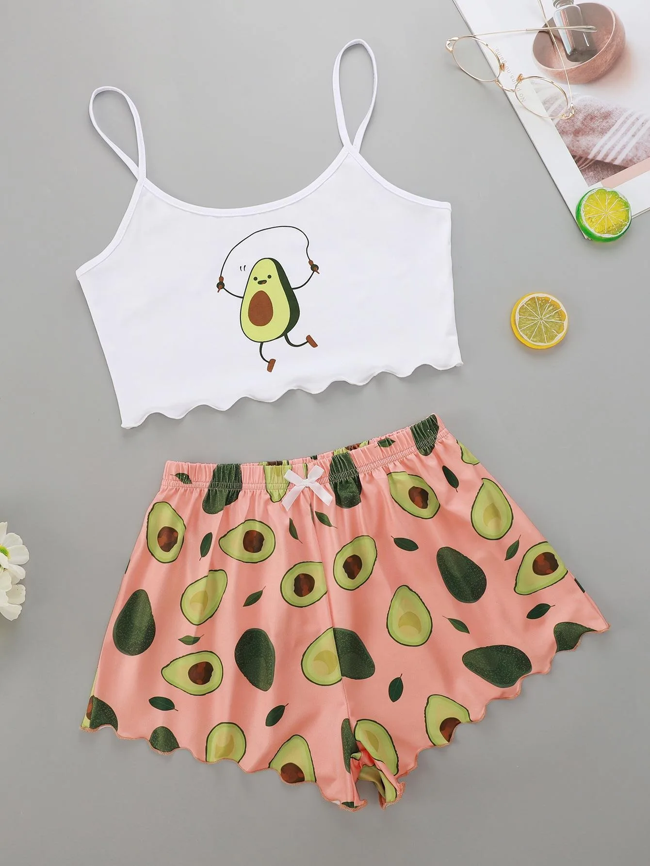 Women Summer Pajamas Set Avocado Print Camisole with Shorts Casual Sexy Lingerie Nightie Homewear Sleepwear Underwear