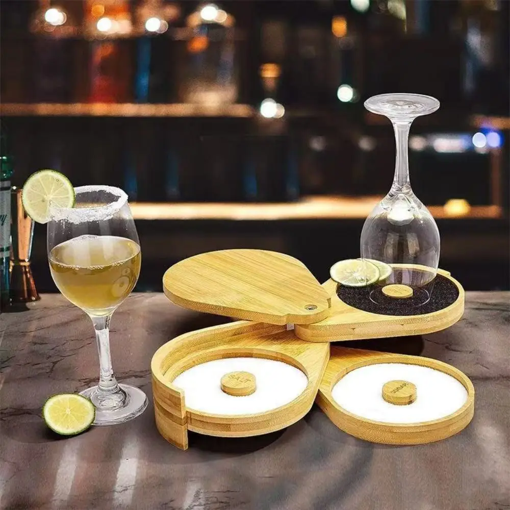 

Bar Bartender Tool Rotating 3-Tiers Rimmer Box Foldable Bamboo Wood Cocktail Seasoning Box Household Seasoning Jar Home