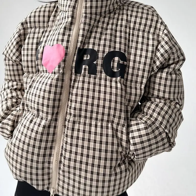 Short-line Check Cotton Coat with Padding, Women's Trendy Casual Coat, Cotton Jacket