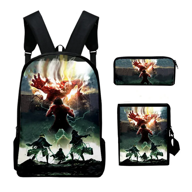 Popular Anime Attack On Titan  3D Print 3pcs/Set pupil School Bags Laptop Daypack Backpack Inclined shoulder bag Pencil Case