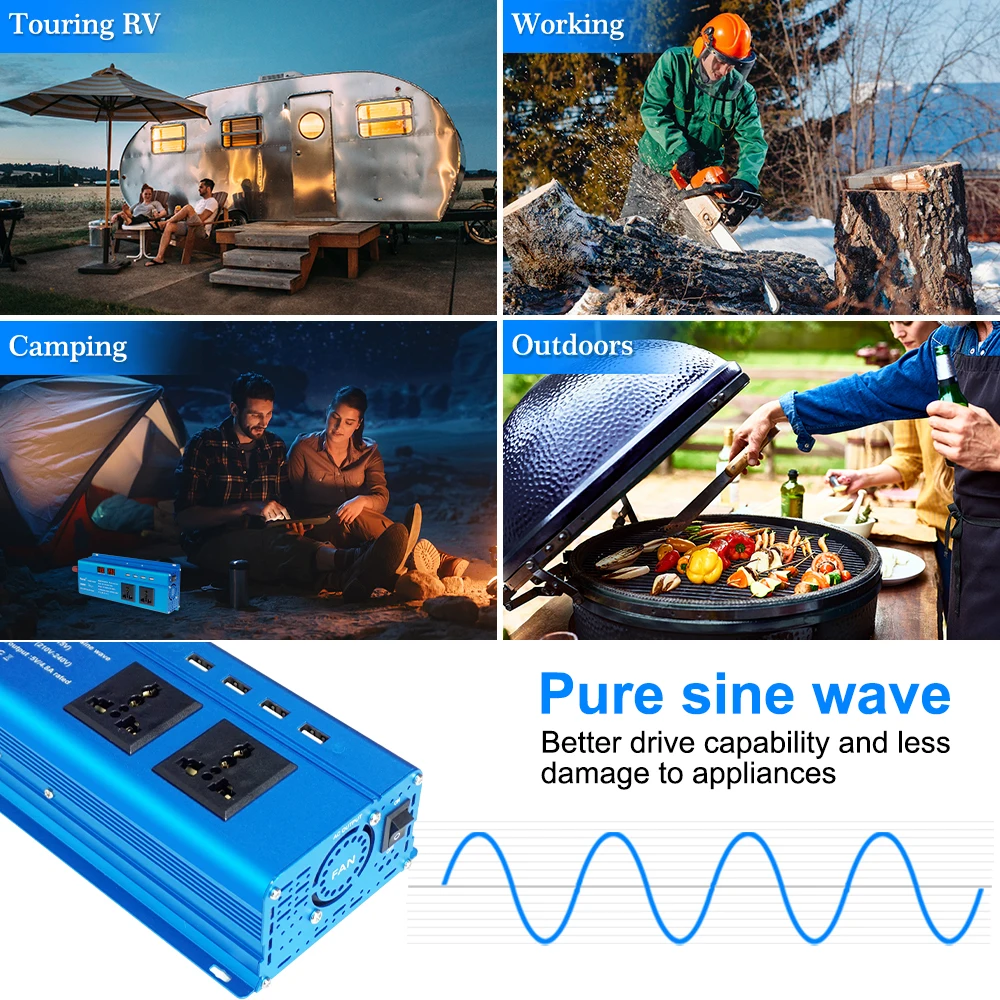 3000W Car Power Inverter DC 12V To AC 220V Transformer with 4 USB UN EU Socket Charger Pure Sine Wave Inverter