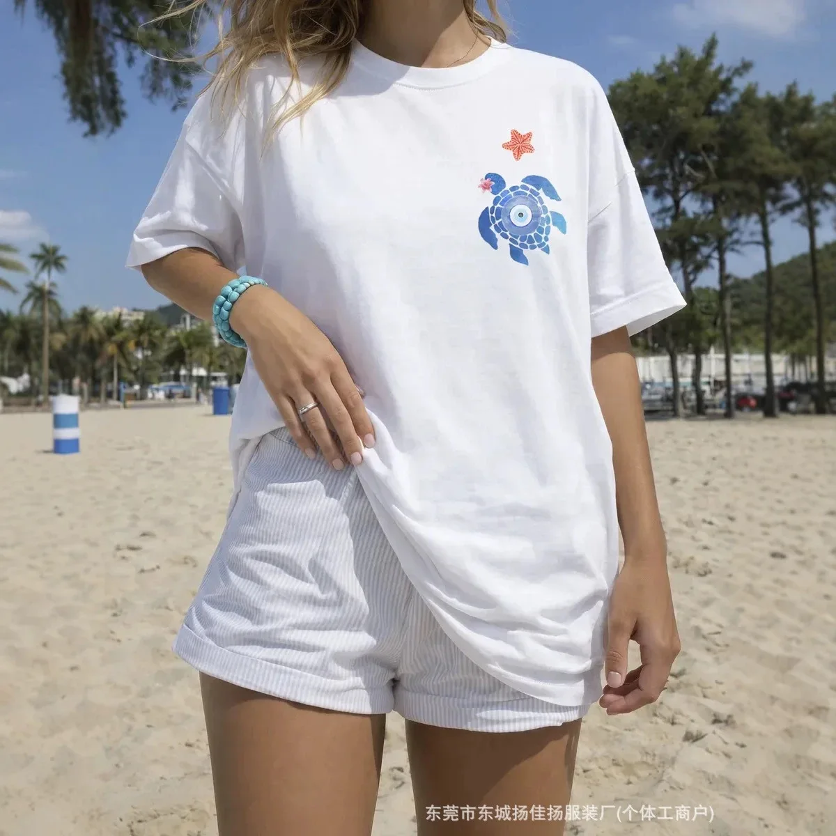 Sweet Coastal Boho Beach White Oversized Tee Small Chest Evil Eye Turtle Starfish Print Soft Cotton Loose Women Vacation T Shirt