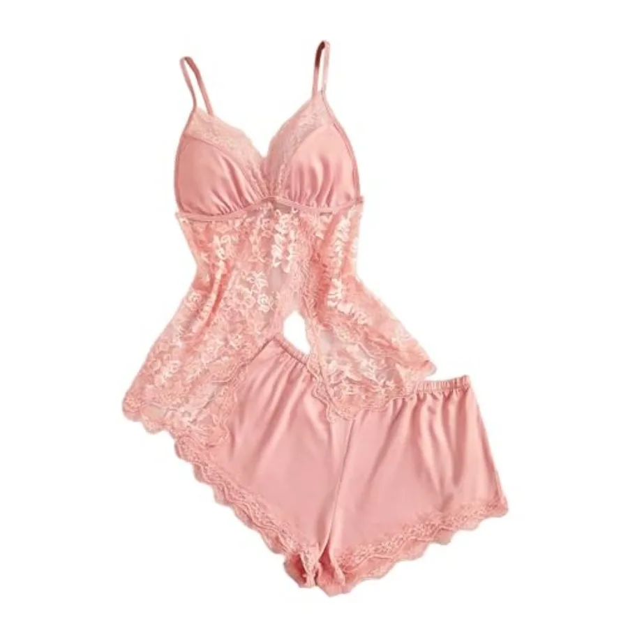 

OYOANGLE Women's 2 Pcs Pajama Set Lingerie Pajamas Lace Split V Neck Cami Top and Shorts Pjs Sexy Sleepwear