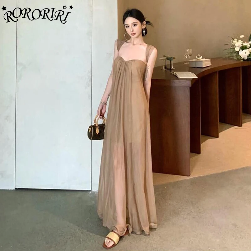 

RORORIRI Grayu Sheer Mesh Spliced Corset Dress Women Flowy Belt Backless Pleated Loose A-line Long Dress Casual Vintage Clothes
