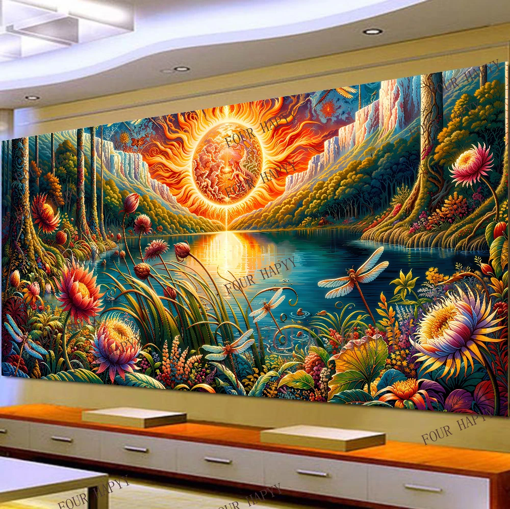 

5D DIY Large Diamond Painting Cross Colorful Flowers Sunburst Landscape Wall Art, Full Round Drill, Embroidery Home Decor