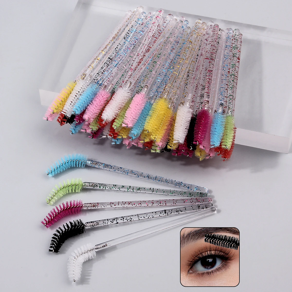 10/20/50/100PCS spazzola per sopracciglia con asta di cristallo multicolore e pennello per mascara, strumento di bellezza multifunzionale a spirale e pieghevole
