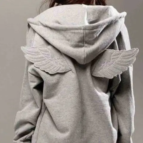 Women Grey Angel Wing Embroidered Hoodie Cute Kawaii Pullover Sweatshirt Wing Decoration Back Y2K Street Harajuku Loose Pullover