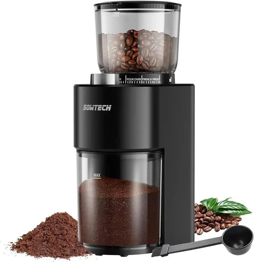 

SOWTECH Anti-static Conical Burr Coffee Grinder, Adjustable Burr Mill with 38 Precise Grind Setting, precision timer