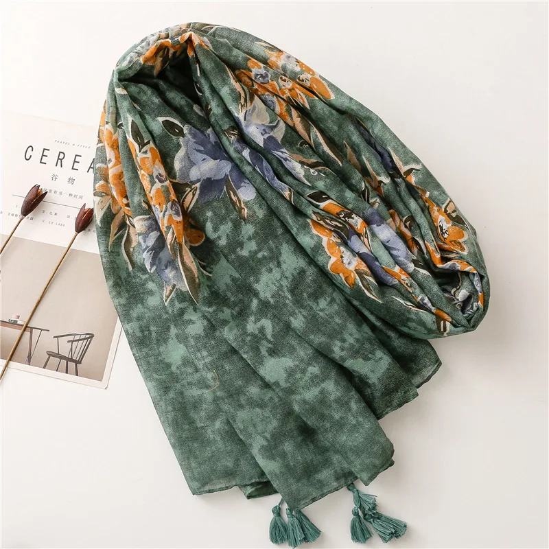 2022 Luxury Fashion Women Viscose Scarf Ink Painting Floral Tassel Hijab Shawls and Wraps Female Foulard Echarpe Muslim Sjaal