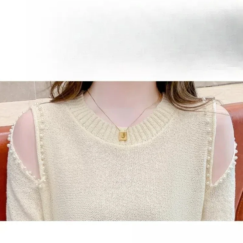 Women\'s Solid Color Summer Round Neck Pullover Short Sleeve Thin Hollow Out Sweater Knitted Casual Elegant T-shirt Beaded Tops