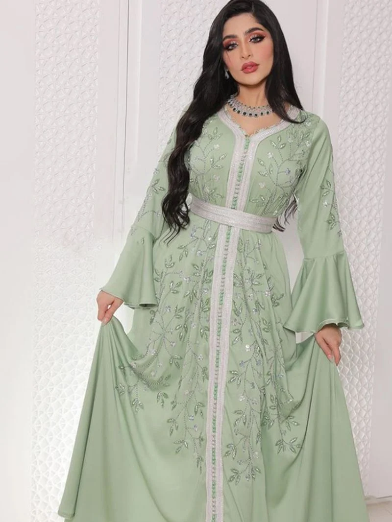 India Turkey Muslim Abaya Dresses Women Elegant Diamond Wedding Evening Party Dress Lace Belted Abaya Morocco Caftan Robe