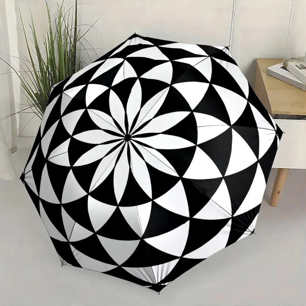 1PC Geometric Patterned Umbrella with Monochrome Design Print 8 Iron Ribs Folding Umbrella Auto-Open Fashion Sunshade