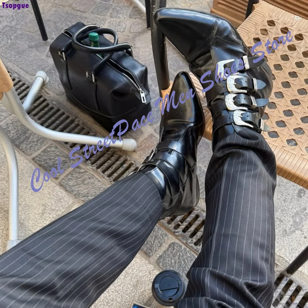 Multi Buckle Pointed Ankle Boots Men Black Polished Leather Chunky Heel Gothic Punk Dark Street Handmade Fashion Men Short Boots