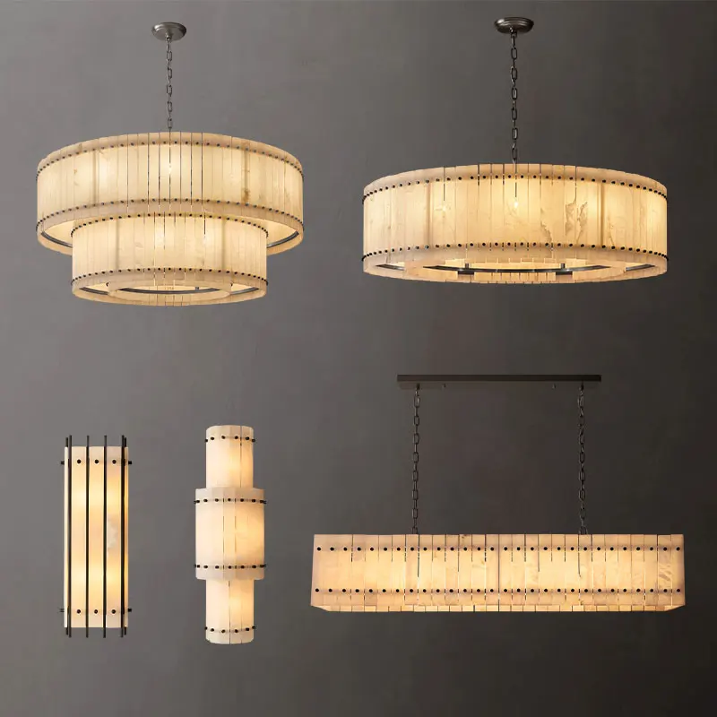 

American Marble LED Chandelier Lighting Alabaster Pendant Light Lustre Suspension Luminaire Lampen For Foyer Dinning Room