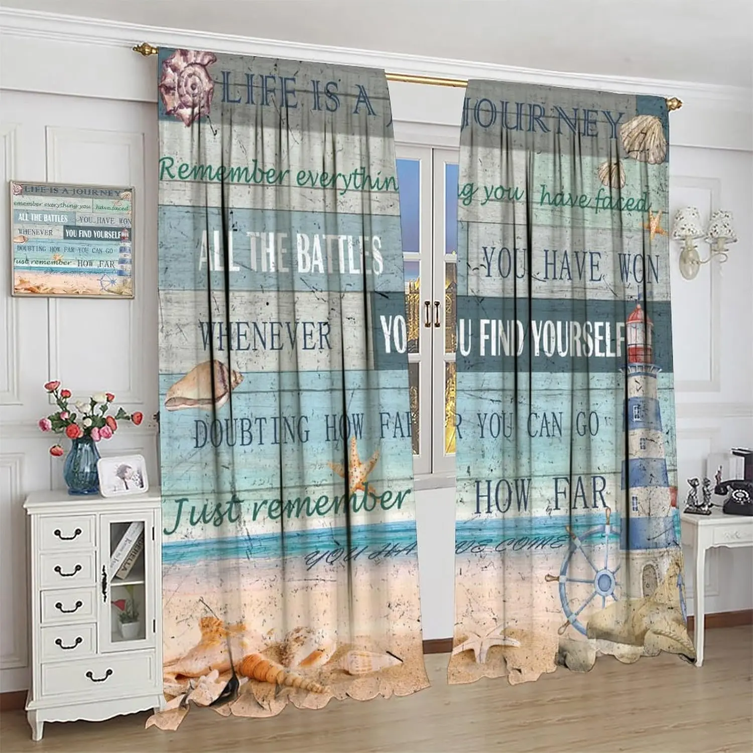 Vintage Country Curtains, Lighthouse Starfish Seashell Inspirational Motivational Ocean Wood Nautical Coastal Window Drapes