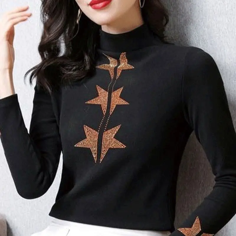 Autumn Winter New Half High Collar Long Sleeve Fashion Sweater Women High Street Printing Pullovers Elegant Thick Warm Chic Top