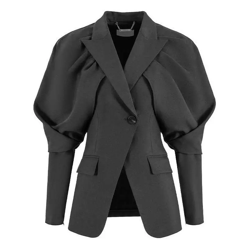 

Универсальный пиджак с одной пуговицей, воротником-стойкой и плиссированными рукавами, модный и практичный для любых случаев.