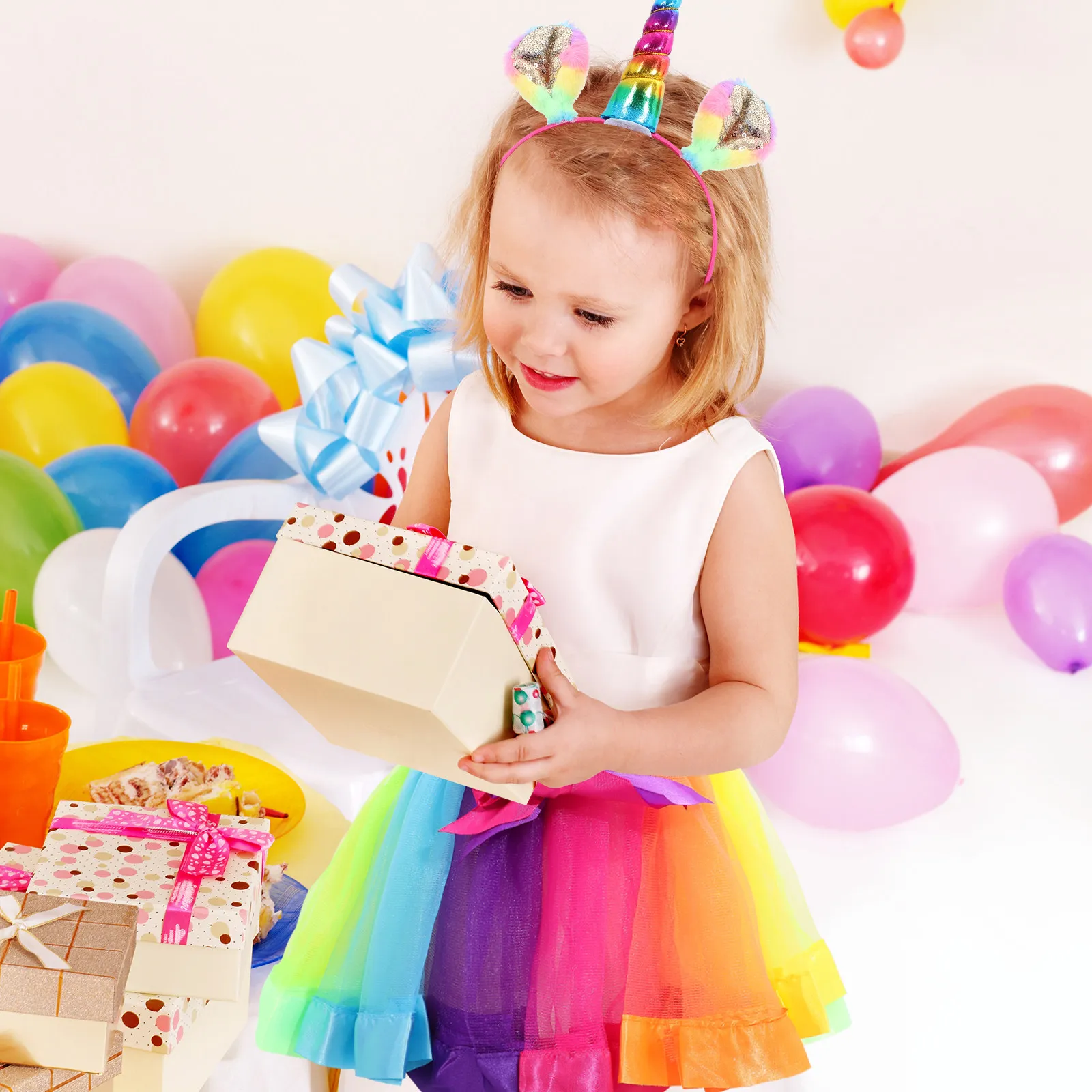 

Комплект из 4 предметов: радужная юбка-пачка, повязка на голову с единорогом, перчатки до локтя, чулки. Костюм для девочек на вечеринку, день рождения, Хэллоуин.