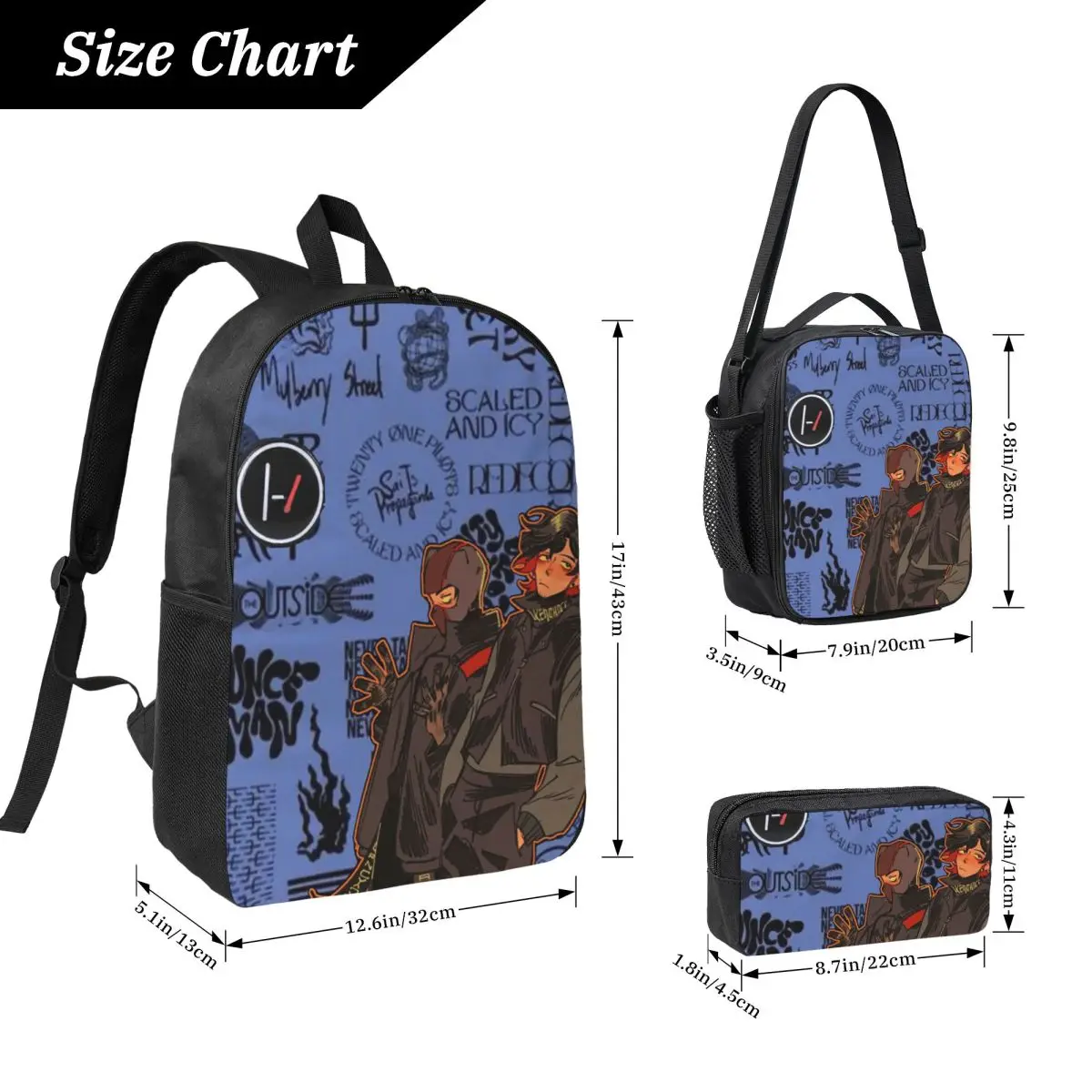 Twenty One Pilots (5) Backpack Student Boys Girls BookBag School Bag Laptop Shoulder Bags 3ps Insulated Lunch Bag Pencil Case