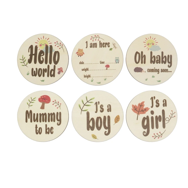 

6 Pcs Cartoon Animal Printed Gender/Month Wooden Cards Baby Milestone Cards