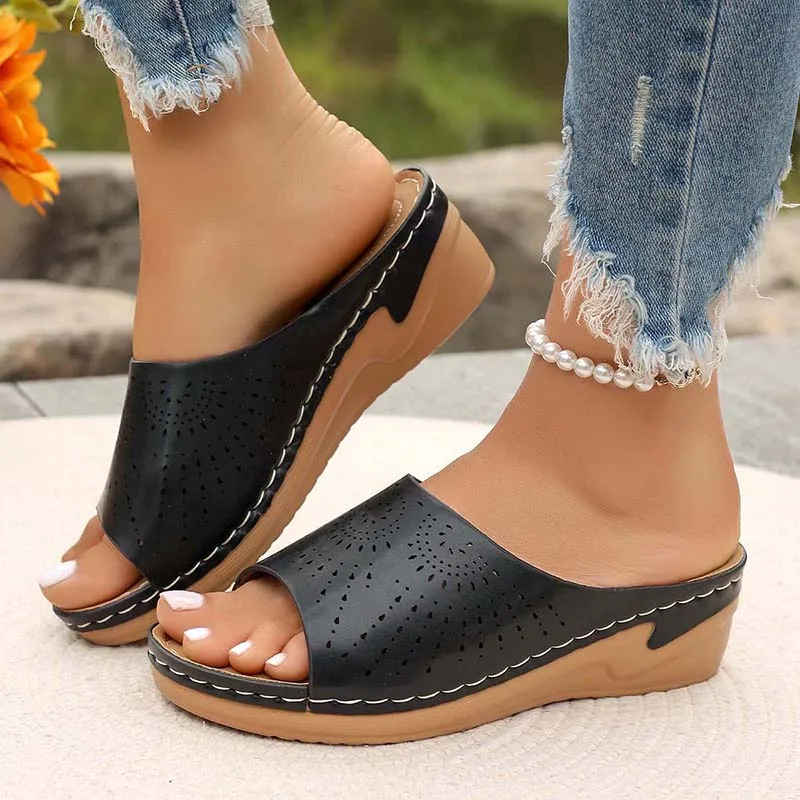 Plus Size Hollow Wedge Sandals Women Premium Orthopedic Open Toe Slippers Woman 2024 Summer Lightweight Platform Slides Shoes