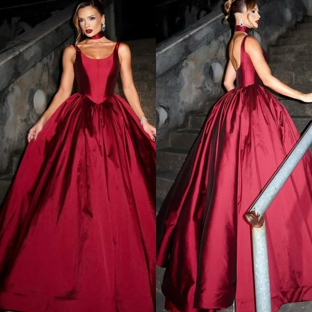 

Customized Delicate Burgundy Satin Evening Dress Classic Square Collar Spaghetti Straps Sleeveless Zipper Back Homecoming Dress